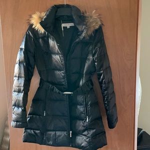 Laundry by design black satin puffy coat with detachable Raccoon fur hood